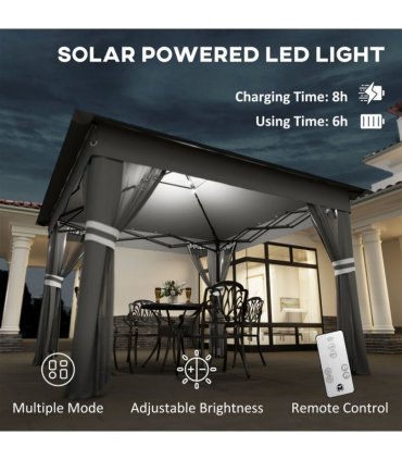 Gazebo Grey Steel Oxford Cloth 336L x 336W x 270Hcm Solar-Powered LED Lights