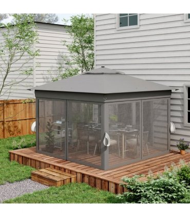 Gazebo Grey Steel Oxford Cloth 336L x 336W x 270Hcm Solar-Powered LED Lights