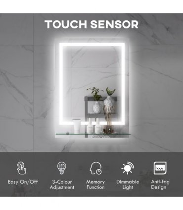 kleankin Dimmable Bathroom Mirror with LED Lights, 3 Colours, Defogging Film