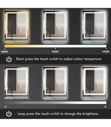 kleankin Dimmable Bathroom Mirror with LED Lights, 3 Colours, Defogging Film