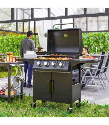 Outsunny 4 Burner Gas Grill Portable BBQ Trolley w/ 4 Wheels and Side Shelves