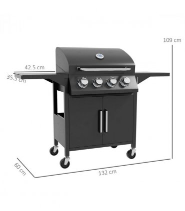 Outsunny 4 Burner Gas Grill Portable BBQ Trolley w/ 4 Wheels and Side Shelves