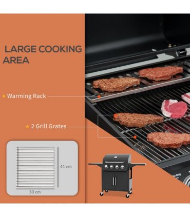 Outsunny 4 Burner Gas Grill Portable BBQ Trolley w/ 4 Wheels and Side Shelves