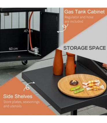 Outsunny 4 Burner Gas Grill Portable BBQ Trolley w/ 4 Wheels and Side Shelves
