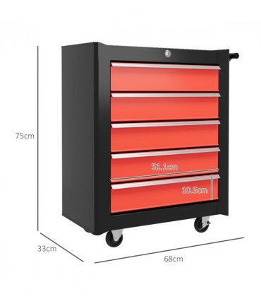 HOMCOM 5-Drawer Tool Chest Steel Lockable Tool Storage Cabinet w/ Wheels Red