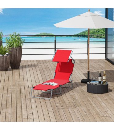 Outsunny Folding Chair Sun Lounger w/ Sunshade Garden Recliner Hammock Red