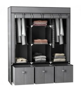 HOMCOM Portable Wardrobe w/ 5 Shelves 3 Fabric Drawers and 2 Hanging Rails Grey