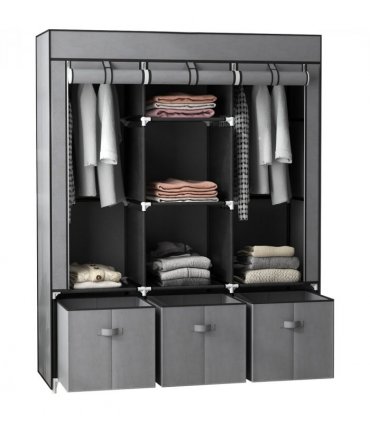 HOMCOM Portable Wardrobe w/ 5 Shelves 3 Fabric Drawers and 2 Hanging Rails Grey