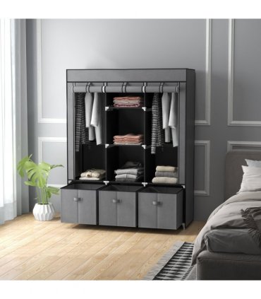 HOMCOM Portable Wardrobe w/ 5 Shelves 3 Fabric Drawers and 2 Hanging Rails Grey