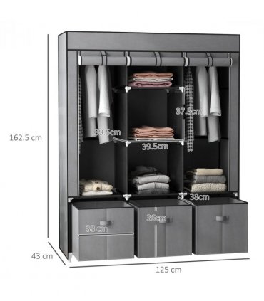 HOMCOM Portable Wardrobe w/ 5 Shelves 3 Fabric Drawers and 2 Hanging Rails Grey