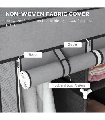 HOMCOM Portable Wardrobe w/ 5 Shelves 3 Fabric Drawers and 2 Hanging Rails Grey