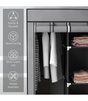 HOMCOM Portable Wardrobe w/ 5 Shelves 3 Fabric Drawers and 2 Hanging Rails Grey