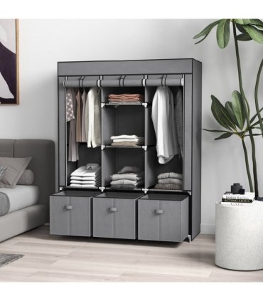 HOMCOM Portable Wardrobe w/ 5 Shelves 3 Fabric Drawers and 2 Hanging Rails Grey