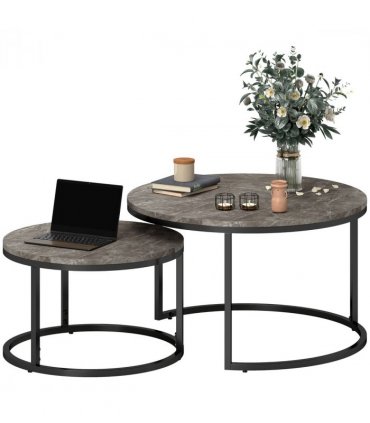 HOMCOM 2 Pcs Stacking Coffee Table Set Steel Frame Marble-Effect Top Foot Pads