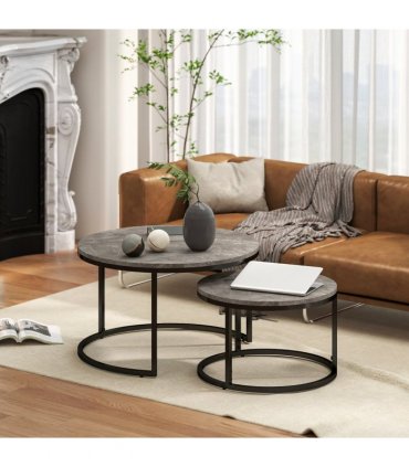 HOMCOM 2 Pcs Stacking Coffee Table Set Steel Frame Marble-Effect Top Foot Pads