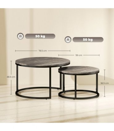HOMCOM 2 Pcs Stacking Coffee Table Set Steel Frame Marble-Effect Top Foot Pads