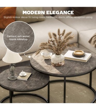 HOMCOM 2 Pcs Stacking Coffee Table Set Steel Frame Marble-Effect Top Foot Pads