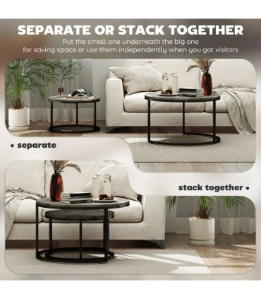 HOMCOM 2 Pcs Stacking Coffee Table Set Steel Frame Marble-Effect Top Foot Pads