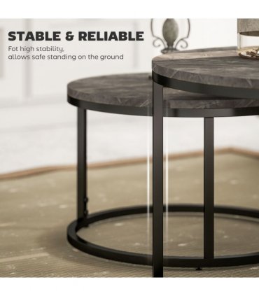 HOMCOM 2 Pcs Stacking Coffee Table Set Steel Frame Marble-Effect Top Foot Pads
