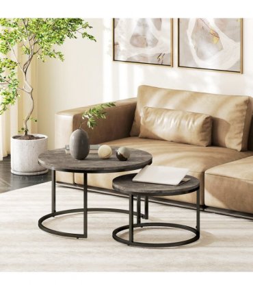 HOMCOM 2 Pcs Stacking Coffee Table Set Steel Frame Marble-Effect Top Foot Pads