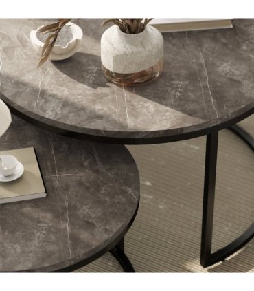 HOMCOM 2 Pcs Stacking Coffee Table Set Steel Frame Marble-Effect Top Foot Pads