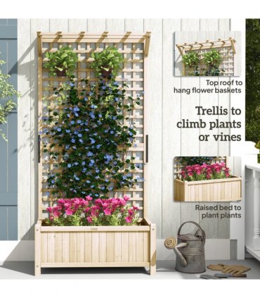 Outsunny Wood Planter with Trellis for Climbing Plants Vines Planter Box Natural