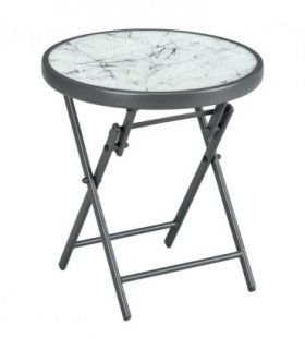 Outsunny Round Folding Side Table w/ Imitation Marble Glass Top, White