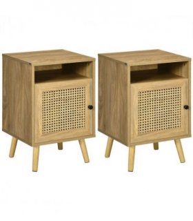 HOMCOM Nightstand, Rattan Bedside Table, Sofa Side Table w/ Cabinet, Shelf