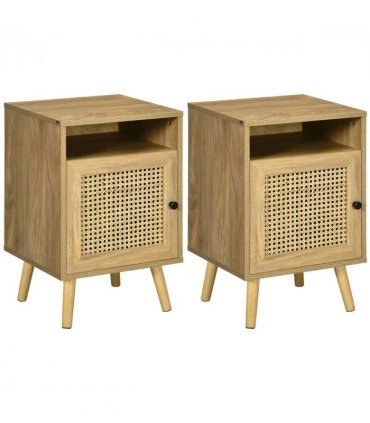 HOMCOM Nightstand, Rattan Bedside Table, Sofa Side Table w/ Cabinet, Shelf
