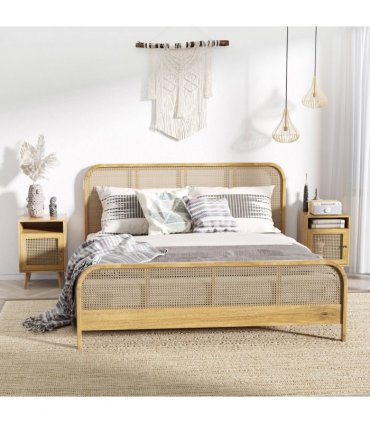 HOMCOM Nightstand, Rattan Bedside Table, Sofa Side Table w/ Cabinet, Shelf