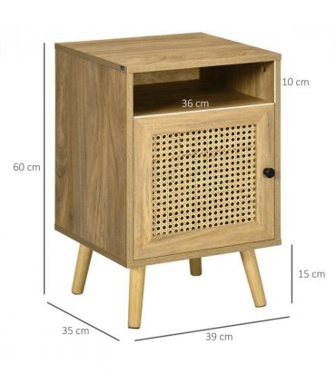 HOMCOM Nightstand, Rattan Bedside Table, Sofa Side Table w/ Cabinet, Shelf