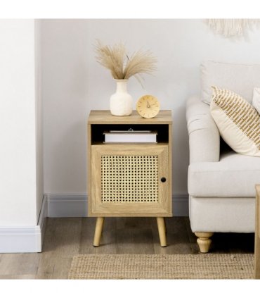 HOMCOM Nightstand, Rattan Bedside Table, Sofa Side Table w/ Cabinet, Shelf