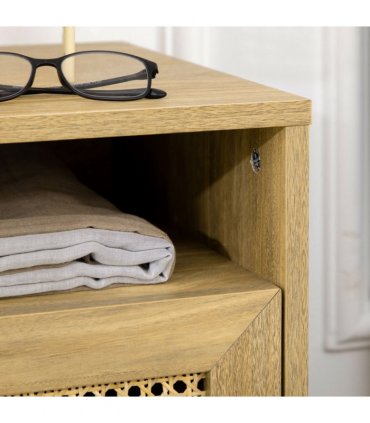 HOMCOM Nightstand, Rattan Bedside Table, Sofa Side Table w/ Cabinet, Shelf