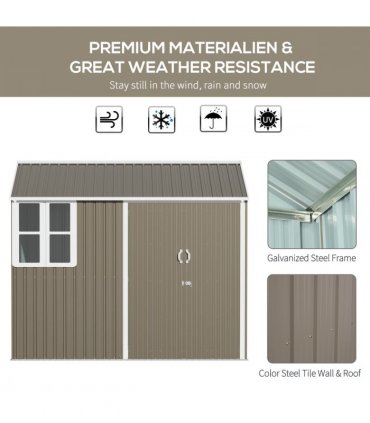 Metal Garden Shed Grey 259L x 171W x 222Hcm Galvanised Steel Plastic