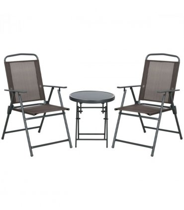 Outdoor Patio Bistro Set Folding Chairs & Coffee Table, Brown, Steel, Glass