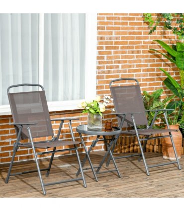 Outdoor Patio Bistro Set Folding Chairs & Coffee Table, Brown, Steel, Glass