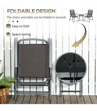 Outdoor Patio Bistro Set Folding Chairs & Coffee Table, Brown, Steel, Glass