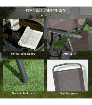 Outdoor Patio Bistro Set Folding Chairs & Coffee Table, Brown, Steel, Glass