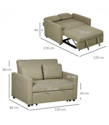 Sofa Bed Linen Brown 120W x 84D x 86Hcm 2 Seater Convertible Settee Cushions