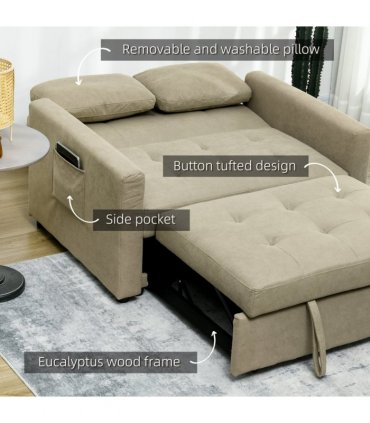Sofa Bed Linen Brown 120W x 84D x 86Hcm 2 Seater Convertible Settee Cushions