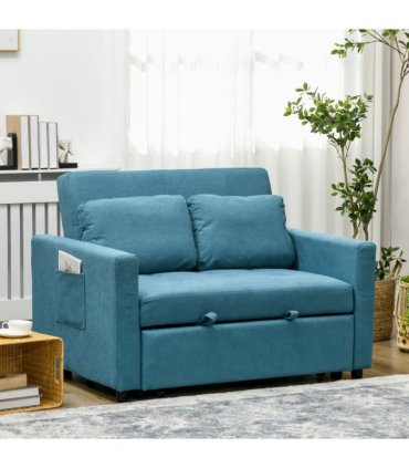 HOMCOM 2 Seater Sofa Bed Convertible Bed Settee with Cushions, Pockets, Blue