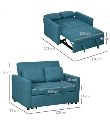HOMCOM 2 Seater Sofa Bed Convertible Bed Settee with Cushions, Pockets, Blue
