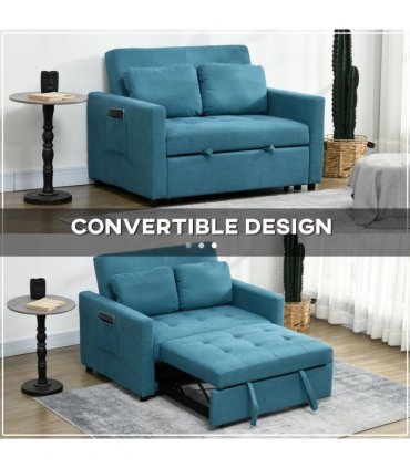 HOMCOM 2 Seater Sofa Bed Convertible Bed Settee with Cushions, Pockets, Blue