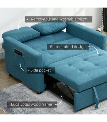 HOMCOM 2 Seater Sofa Bed Convertible Bed Settee with Cushions, Pockets, Blue