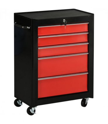 Steel Tool Storage Cabinet 5-Drawer Lockable Wheels Handle 2 Keys Red