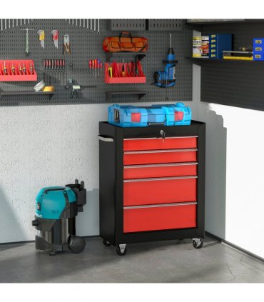 Steel Tool Storage Cabinet 5-Drawer Lockable Wheels Handle 2 Keys Red