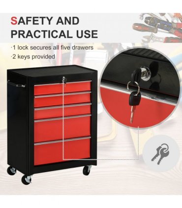 Steel Tool Storage Cabinet 5-Drawer Lockable Wheels Handle 2 Keys Red