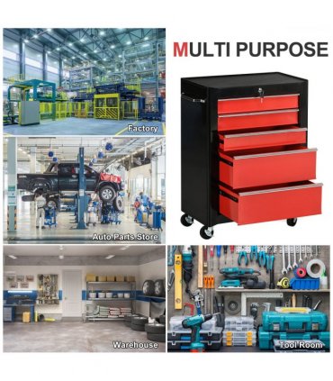 Steel Tool Storage Cabinet 5-Drawer Lockable Wheels Handle 2 Keys Red