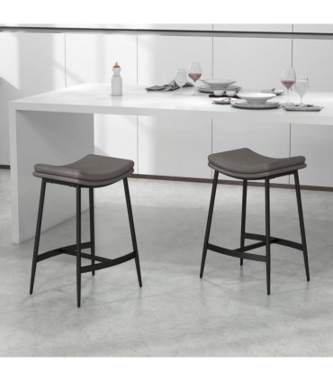 Breakfast Bar Stools Set of 2 Grey Upholstered Barstools w/ Curved Seat