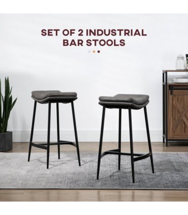 Breakfast Bar Stools Set of 2 Grey Upholstered Barstools w/ Curved Seat